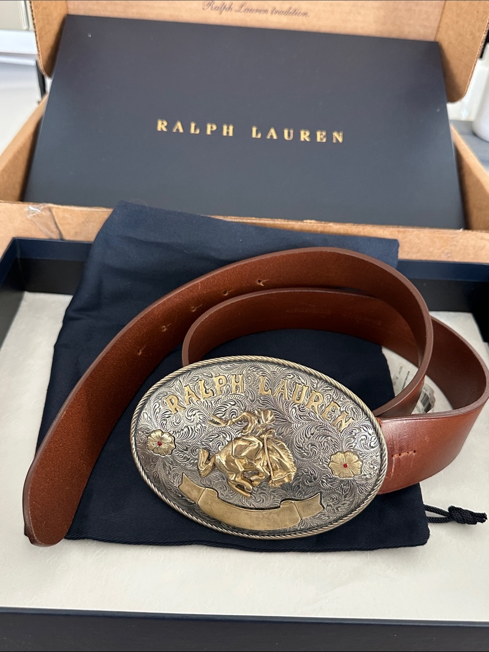 Ralph Lauren Rodeo-Buckle Vachetta Leather Wide Belt - Picture 3 of 9